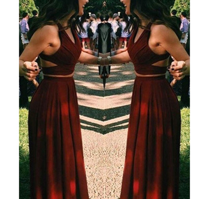 two piece burgundy prom dress