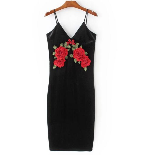 rose embroidered bodycon dress