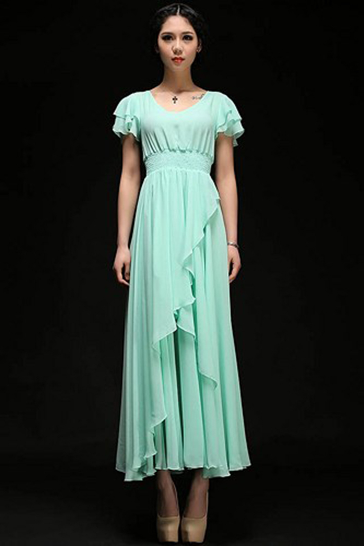Summer Teal Chiffon Dress. Light Turquoise Asymmetrical Chiffon Long