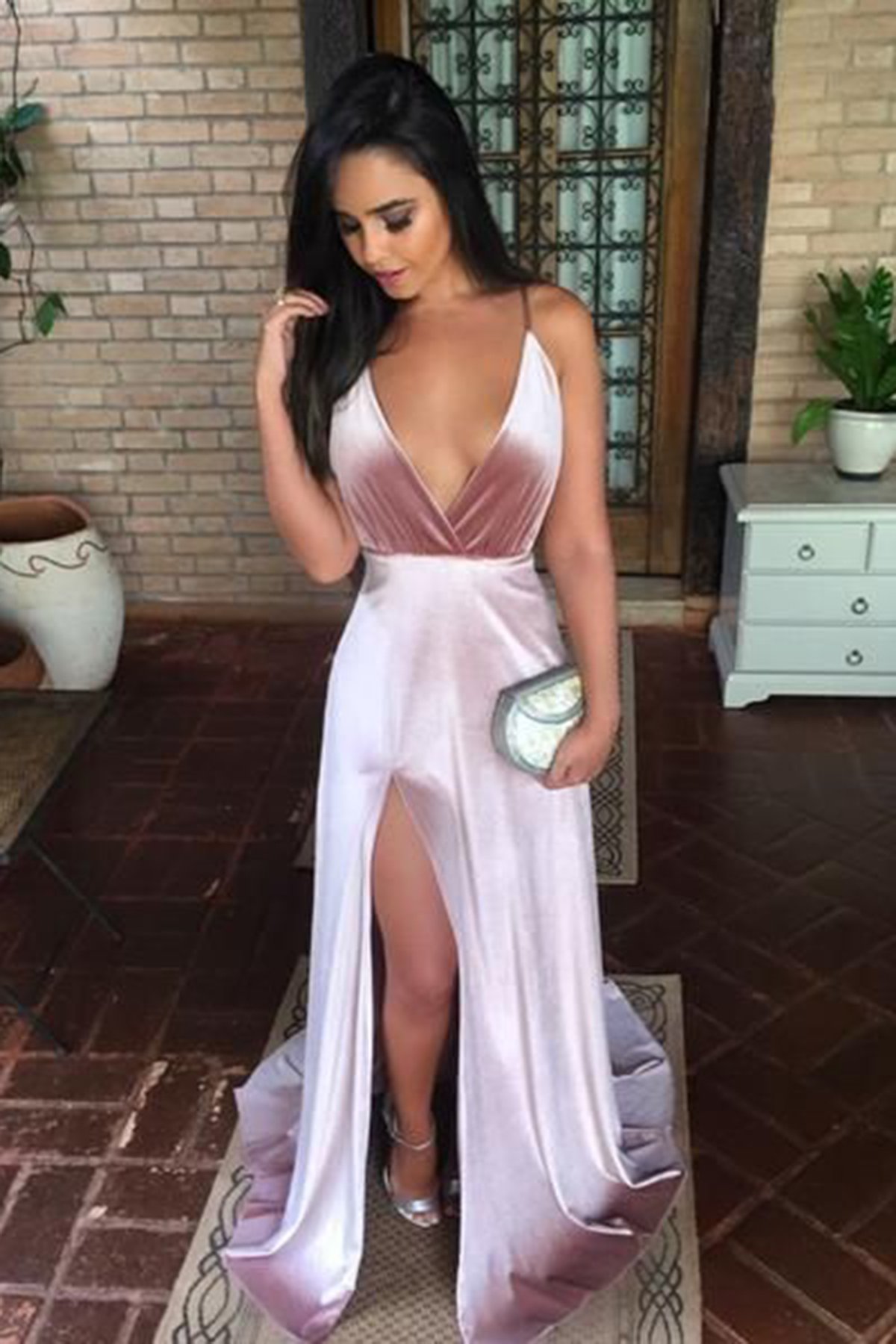 Pink velvet v neck dress dresses