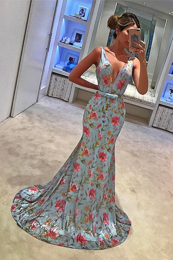 Blue Flower Print Prom Dresses