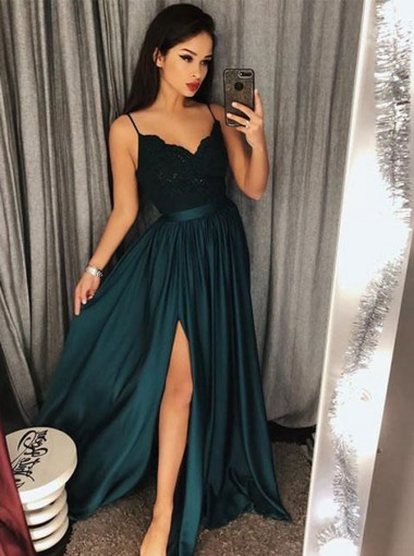 satin dark green dress