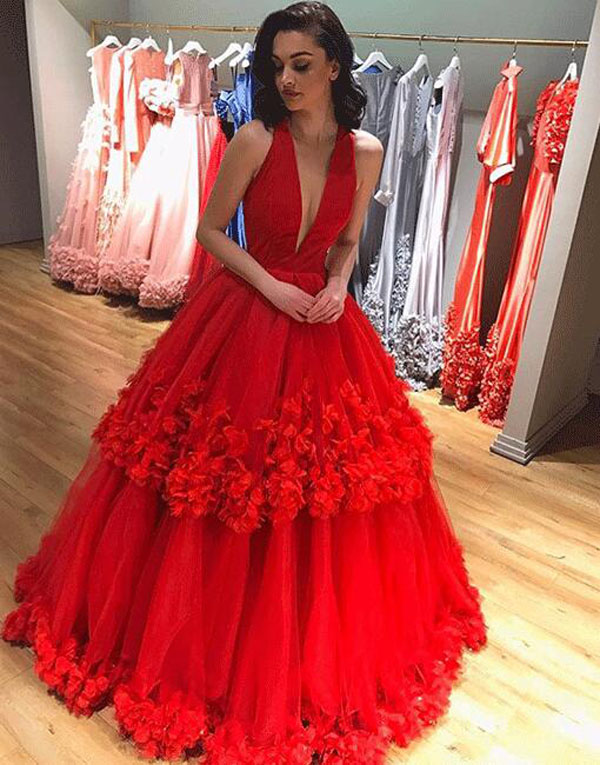 Sexy Ball Gown Deep V-Neck Sleeveless Red Long Prom/Evening Party Dress ...