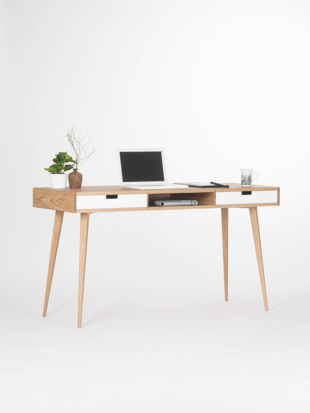 Modern Oak Desk With White Drawers And Storage Mid Century Sold