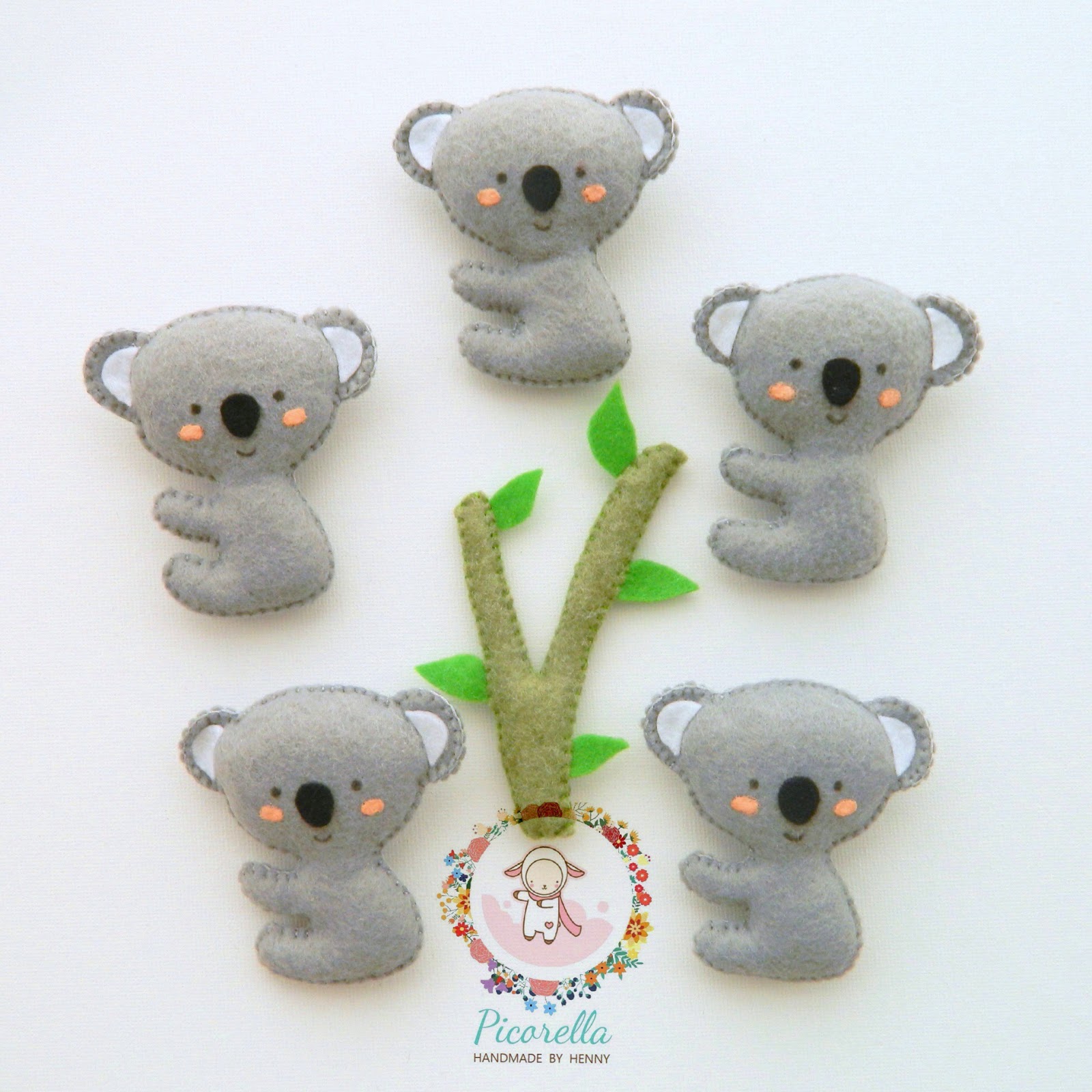A set of Felt Koala Party Favor, Felt Koala, Baby Shower Favor, Pastel