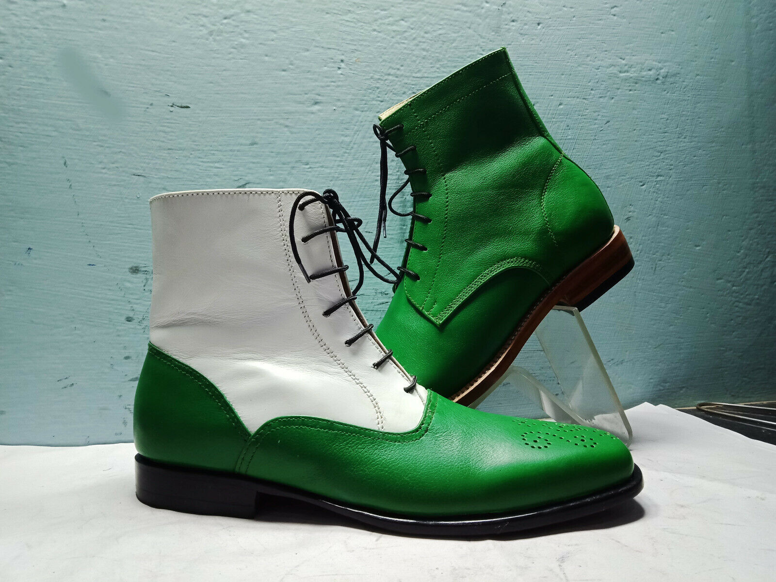 White Green Two Tone Rounded Toe Genuine Leather Men High Ankle