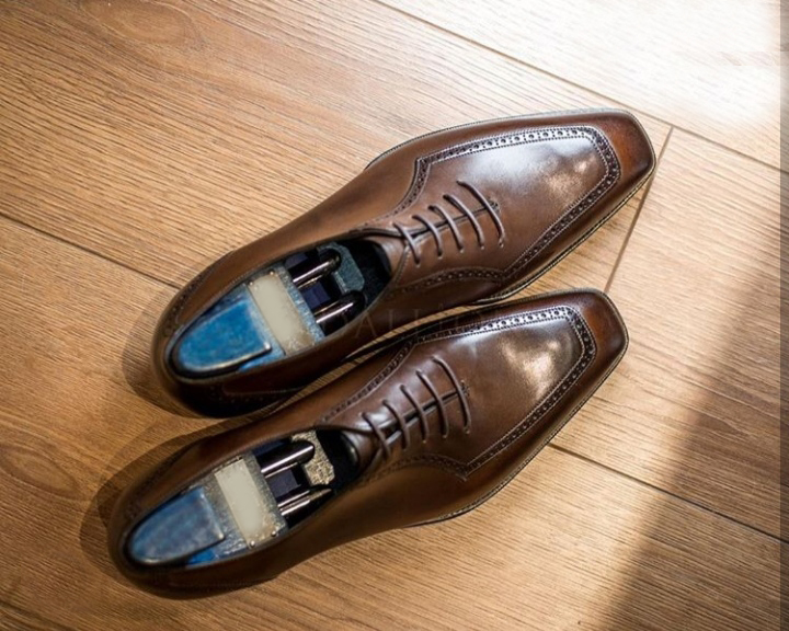 Handmade Men's Brown Color Leather Shoes, Lace Up Square Toe Dress