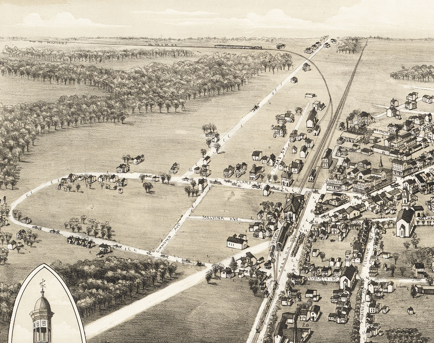 Harrington, Delaware in 1885 Bird's Eye View, Aerial Map, Panorama