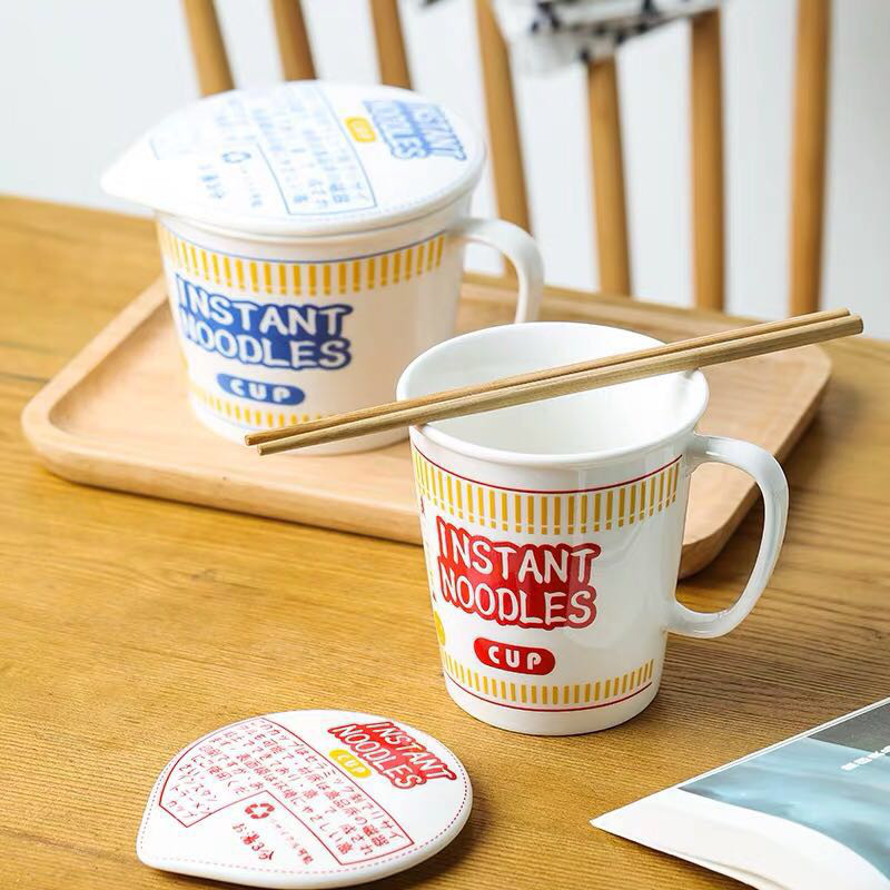 Ceramic Ramen Noodle Cup Mug with Lid | Japanese Ramen Noodle Bowl on