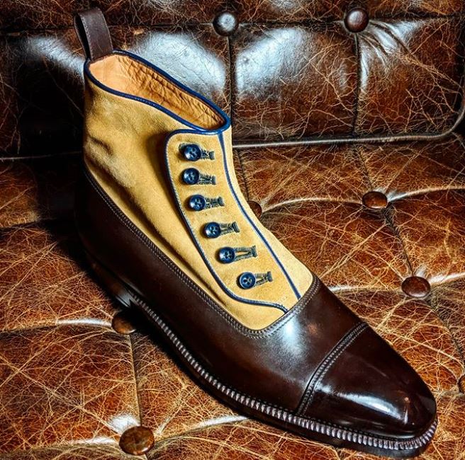 Handmade Two Tone Leather Suede Button Top Ankle High