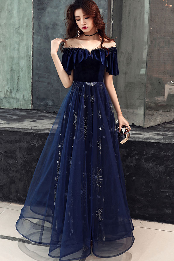 dark blue and silver prom dresses