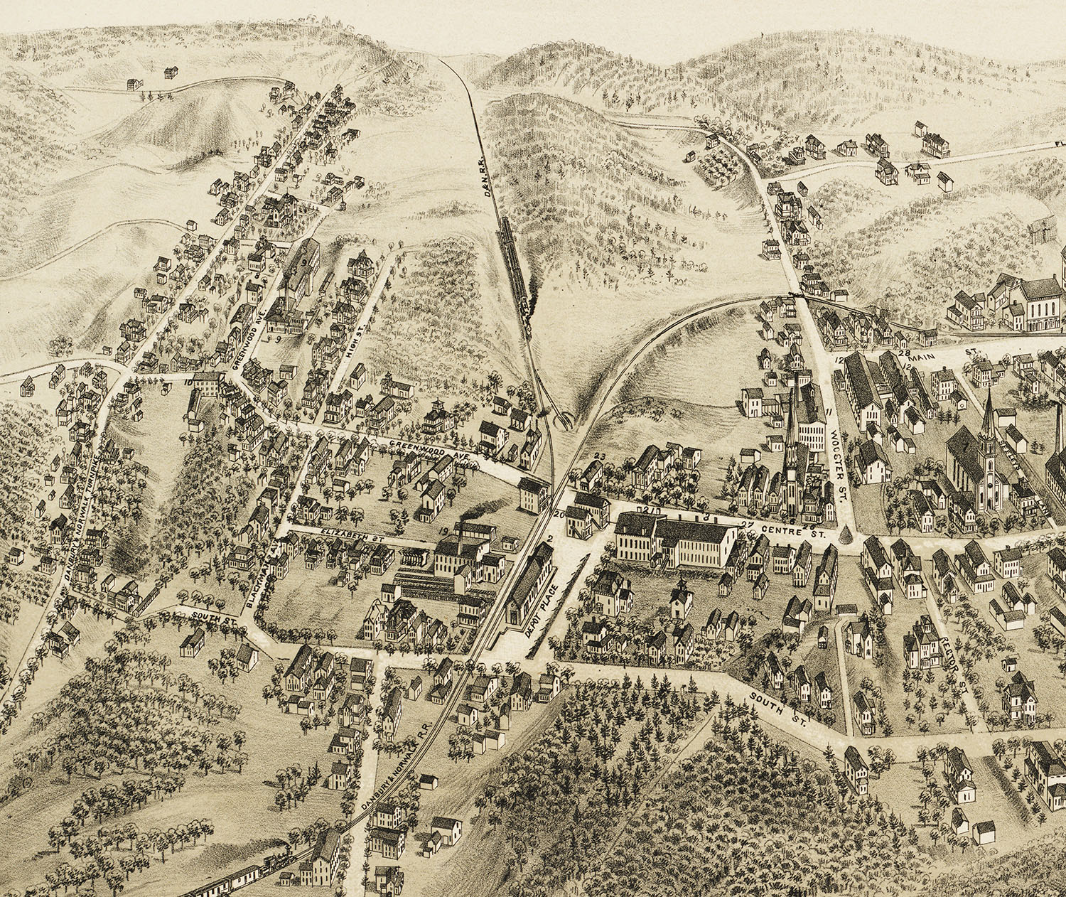Bethel, Connecticut in 1879 Bird's Eye View, Map, Aerial, Panorama