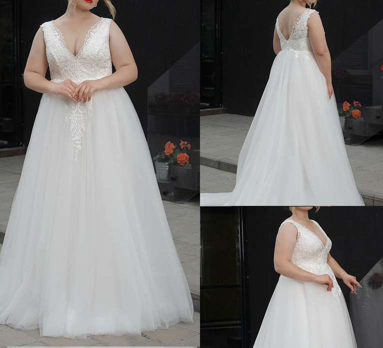 2021 Plus Size Wedding Dresses V Neck A Line Floor Length Fat Women Lace Wedding Dress Backless Appliques Custom Made Bridal Gowns On Storenvy