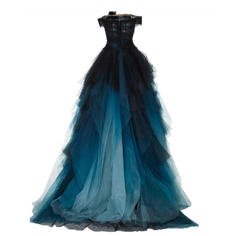 Black and Blue Ombre Wedding Dress ALine with Horse Hair Skirt