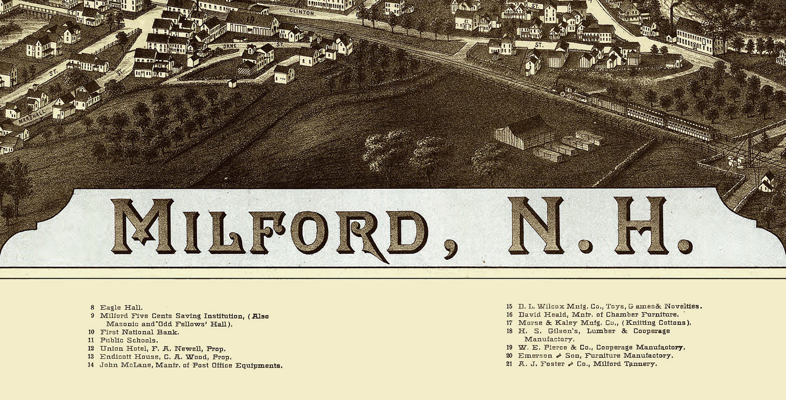 Milford, NH in 1886 Bird's Eye View Map, Aerial map, Panorama map